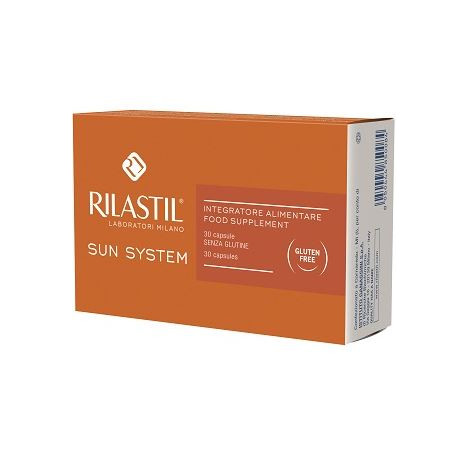 Confezione da 30 capsule di Rilastil Sun System, integratore per abbronzatura e protezione della pelle. Confezione da 30 capsule di Rilastil Sun System, integratore per abbronzatura e protezione della pelle.