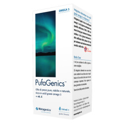 Flacone da 210 ml di Metagenics Pufagenics Liquido, integratore per la salute cardiocircolatoria e cerebrale.