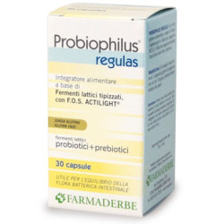 Confezione da 30 capsule di Probiophilus Regulas, integratore di fermenti lattici per l'equilibrio intestinale.