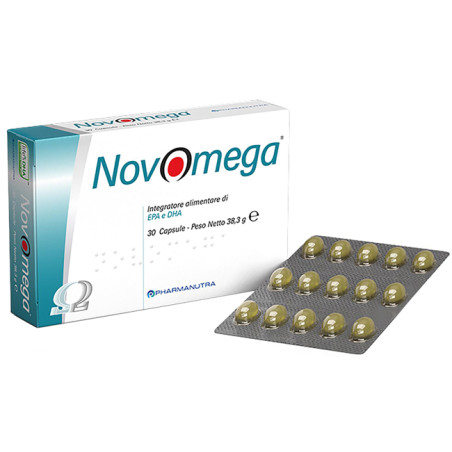 Confezione da 30 capsule di Pharmanutra Novomega, integratore per il benessere del cuore e della vista. Confezione da 30 capsule di Pharmanutra Novomega, integratore per il benessere del cuore e della vista.