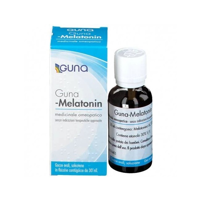 Flacone contagocce in vetro da 30 ml di Guna Melatonin 6CH, medicinale omeopatico. Flacone contagocce in vetro da 30 ml di Guna Melatonin 6CH, medicinale omeopatico.
