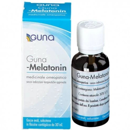 Flacone contagocce in vetro da 30 ml di Guna Melatonin 6CH, medicinale omeopatico. Flacone contagocce in vetro da 30 ml di Guna Melatonin 6CH, medicinale omeopatico.