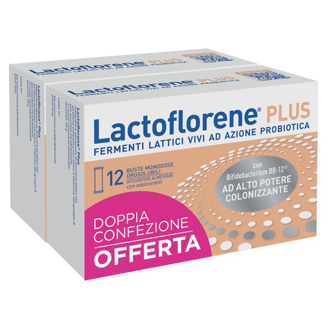Confezione doppia risparmio 12+12 di Lactoflorene plus bustine orosolubili. Confezione doppia risparmio 12+12 di Lactoflorene plus bustine orosolubili.
