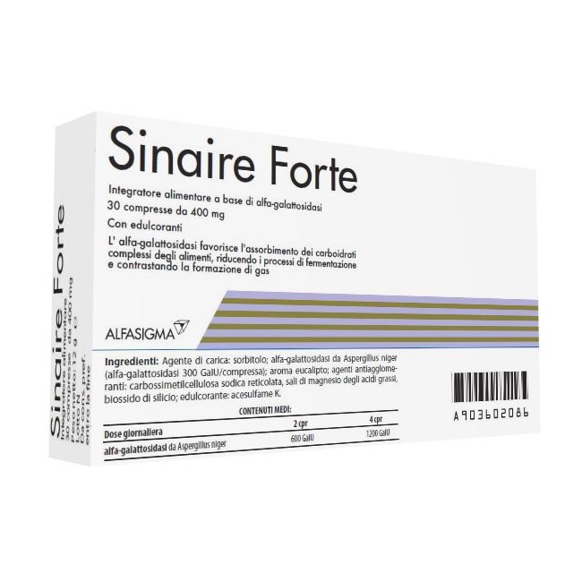 Confezione da 30 compresse di Sinaire Forte integratore per la digestione dei carboidrati complessi.