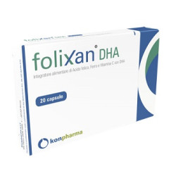 Confezione da 20 capsule di Folixan Dha, integratore per la crescita sana del feto.