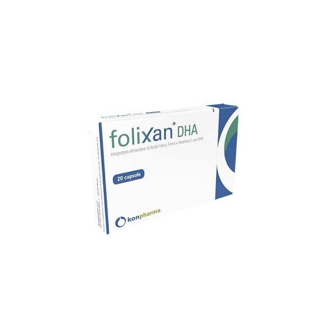 Confezione da 20 capsule di Folixan Dha, integratore per la crescita sana del feto.