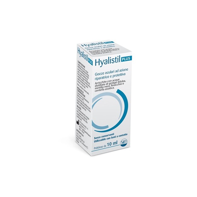 Flacone da 10 ml di Hyalistil Plus, gocce oculari riparatrici e protettive.