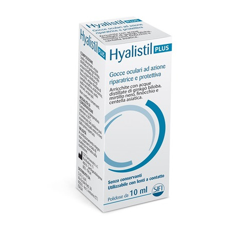 Flacone da 10 ml di Hyalistil Plus, gocce oculari riparatrici e protettive.