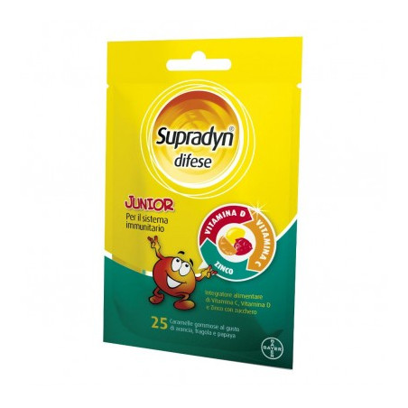 Confezione da 25 caramelle gommose di Supradyn Difese Junior, integratore per il sistema immunitario dei bambini.