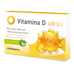 Confezione da 84 compresse di Metagenics Vitamina D 400 U.I., integratore per le ossa e il sistema immunitario dei bambini.