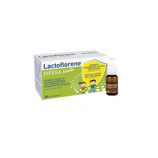 Confezione da 10 flaconi di Lactoflorene Difesa Bambini integratore per il sistema immunitario.