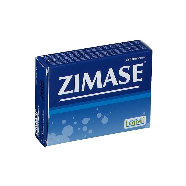 Confezione da 30 compresse di Zimase, integratore contro i disturbi digestivi.