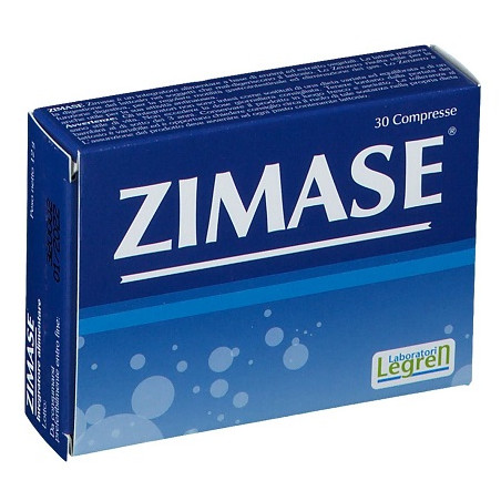 Confezione da 30 compresse di Zimase, integratore contro i disturbi digestivi.