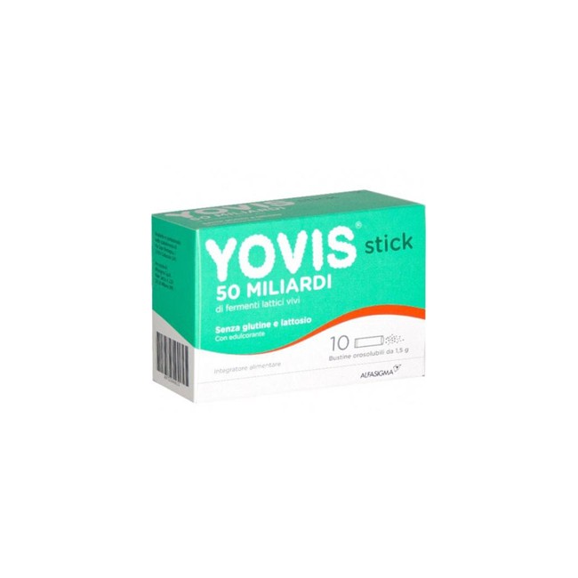 Confezione da 10 bustini orosolubili di Yovis stick fermenti lattici per il benessere intestinale. Confezione da 10 bustini orosolubili di Yovis stick fermenti lattici per il benessere intestinale.