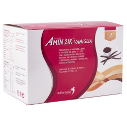 Confezione da 21 bustine di Amin 21K, integratore proteico per mantenere la massa magra.