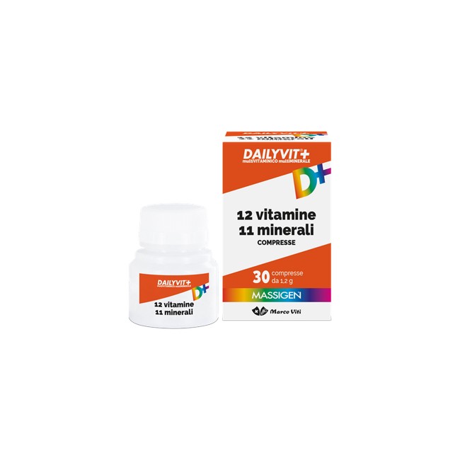 Confezione da 30 compresse di Marco Viti Massigen Dailyvit+, integratore di vitamine e minerali. Confezione da 30 compresse di Marco Viti Massigen Dailyvit+, integratore di vitamine e minerali.