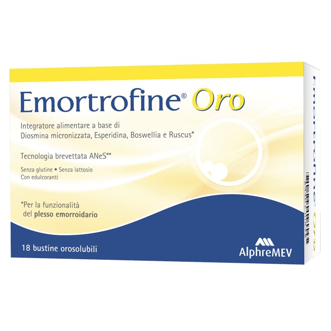 Confezione da 18 bustine orosolubili di Emortrofine Oro per il trattamento delle emorroidi Confezione da 18 bustine orosolubili di Emortrofine Oro per il trattamento delle emorroidi