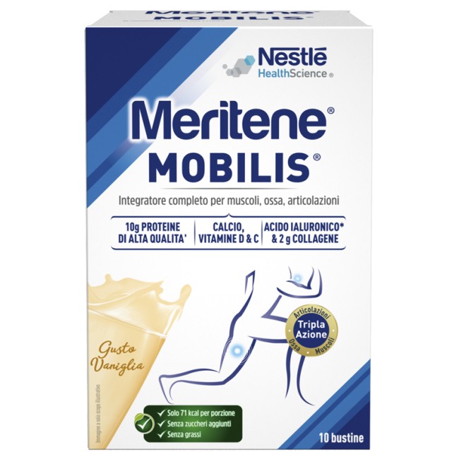 Confezione da 10 bustine di Meritene Mobilis per il benessere di ossa muscoli e articolazioni Confezione da 10 bustine di Meritene Mobilis per il benessere di ossa muscoli e articolazioni