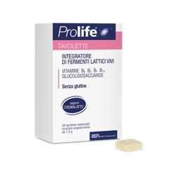Confezione da 24 tavolette di Prolife Tavolette, integratore di fermenti lattici per bambini.