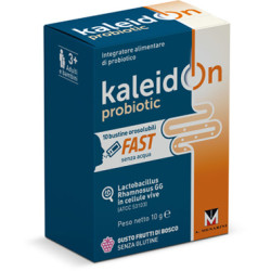 Confezione da 10 buste orosolubili di Kaleidon Probiotic Fast Integratore Per La Salute Intestinale Frutti Di Bosco.