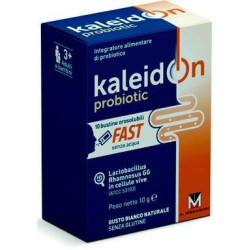 Confezione da 10 bustine orosolubili di Kaleidon Probiotic Fast, integratore per diarrea e altri disturbi intestinali.