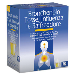 Confezione da 10 bustine di Bronchenolo, farmaco per tosse, influenza e raffreddore.
