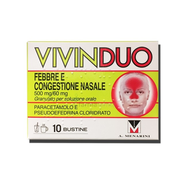 Confezione da 10 bustine di VivinDuo, farmaco per febbre e congestione nasale. Confezione da 10 bustine di VivinDuo, farmaco per febbre e congestione nasale.