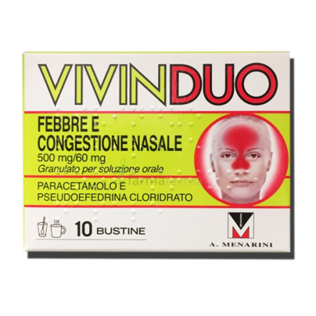 Confezione da 10 bustine di VivinDuo, farmaco per febbre e congestione nasale. Confezione da 10 bustine di VivinDuo, farmaco per febbre e congestione nasale.