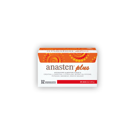 Confezione da 20 stick di Anasten Plus, integratore ad azione energizzante.