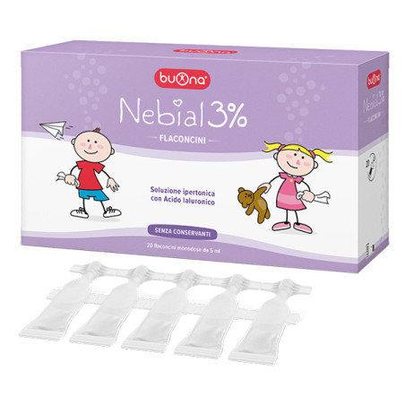 Confezione contenente 20 flaconcini da 5 ml di Buona Nebial 3%, soluzione ipertonica per congestione nasale di adulti e bambini.