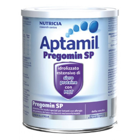 Barattolo da 400 grammi di Aptamil Pregomin SP, latte per neonati allergici alle proteine del latte vaccino.