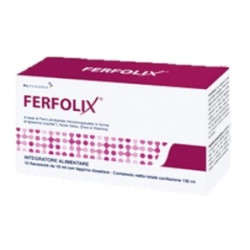 Confezione contenente 10 flaconcini da 10 ml di Ferfolix, integratore per ridurre il rischio di anemia.