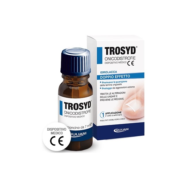 Flacone da 7 ml di Trosyd idrolacca, utile per il trattamento di onicodistrofie.