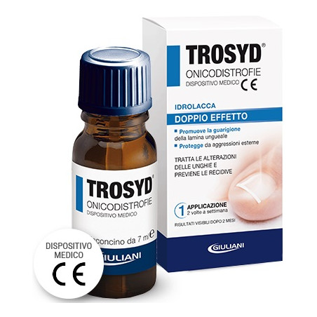 Flacone da 7 ml di Trosyd idrolacca, utile per il trattamento di onicodistrofie.