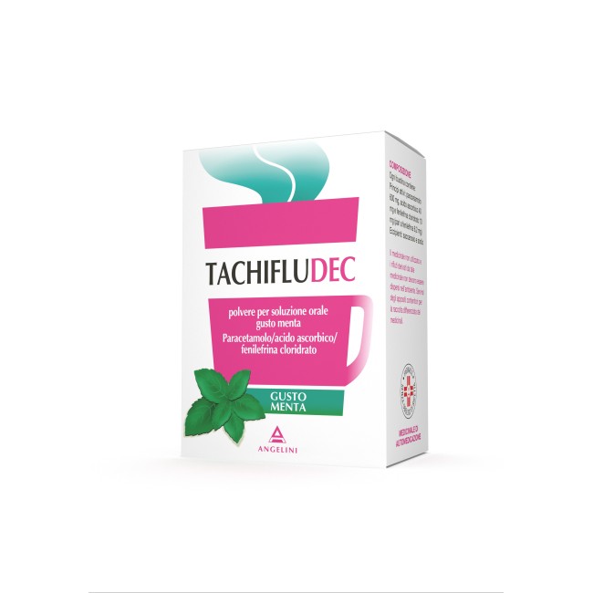 Confezione da 10 bustine di Tachifludec gusto menta, farmaco per naso chiuso, febbre e dolori muscolari. Confezione da 10 bustine di Tachifludec gusto menta, farmaco per naso chiuso, febbre e dolori muscolari.