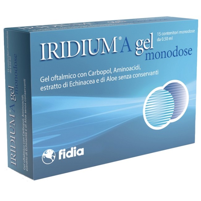 Confezione con 15 contenitori monodose di Iridium A Gel, prodotto lenitivo per occhi irritati. Confezione con 15 contenitori monodose di Iridium A Gel, prodotto lenitivo per occhi irritati.