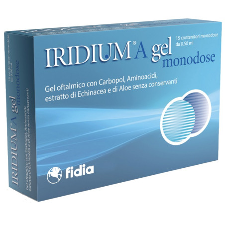 Confezione con 15 contenitori monodose di Iridium A Gel, prodotto lenitivo per occhi irritati. Confezione con 15 contenitori monodose di Iridium A Gel, prodotto lenitivo per occhi irritati.