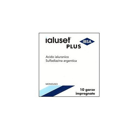 GARZA IALUSET PLUS IMPREGNATA DI CREMA DI ACIDO IALURONICO 0,05%, DI SULFADIAZINA ARGENTICA 1%, MACROGOL, GLICEROLO E ACQUA 10 X GARZA IALUSET PLUS IMPREGNATA DI CREMA DI ACIDO IALURONICO 0,05%, DI SULFADIAZINA ARGENTICA 1%, MACROGOL, GLICEROLO E ACQUA 10 X
