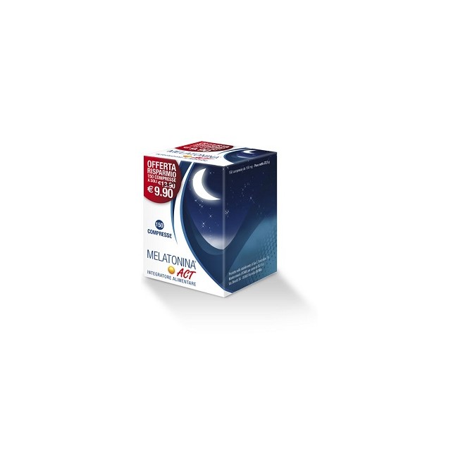 Confezione da 150 compresse da 1 Mg di Melatonina Act integratore per conciliare il sonno. Confezione da 150 compresse da 1 Mg di Melatonina Act integratore per conciliare il sonno.