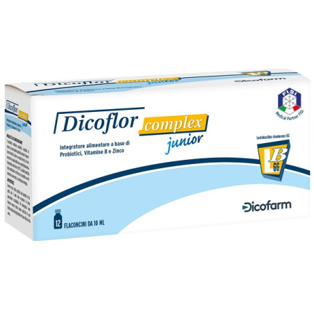 Confezione da 12 flaconcini di Dicoflor Complex Junior, integratore di fermenti lattici e vitamine per bambini.