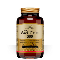 Barattolo da 100 capsule di Solgar Ester C Plus 500, integratore per rinforzare le difese immunitarie. Barattolo da 100 capsule di Solgar Ester C Plus 500, integratore per rinforzare le difese immunitarie.