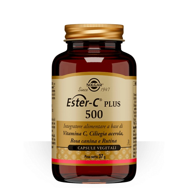 Barattolo da 100 capsule di Solgar Ester C Plus 500, integratore per rinforzare le difese immunitarie. Barattolo da 100 capsule di Solgar Ester C Plus 500, integratore per rinforzare le difese immunitarie.