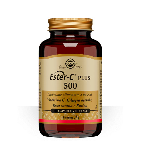 Barattolo da 100 capsule di Solgar Ester C Plus 500, integratore per rinforzare le difese immunitarie. Barattolo da 100 capsule di Solgar Ester C Plus 500, integratore per rinforzare le difese immunitarie.