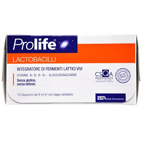 Confezione da 10 flaconcini di Prolife Lactobacilli, integratore per la flora intestinale. Confezione da 10 flaconcini di Prolife Lactobacilli, integratore per la flora intestinale.