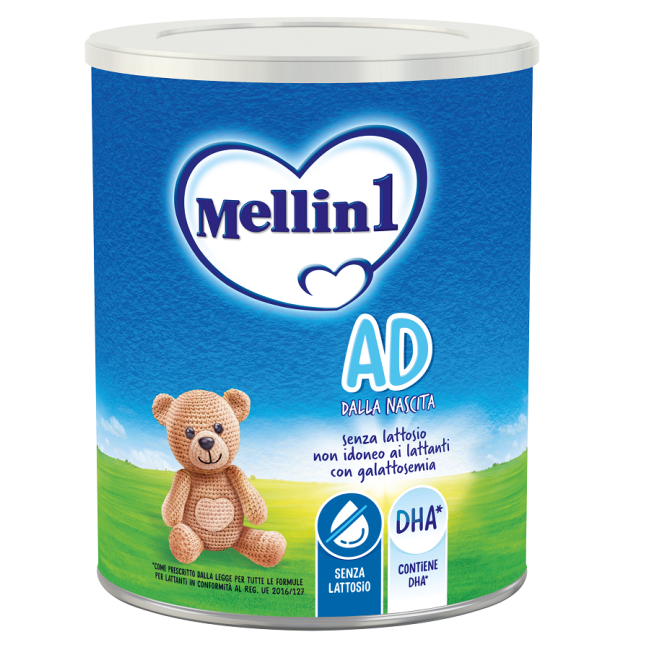 Barattolo da 400 grammi di Mellin AD, latte in polvere senza lattosio per neonati da 0 a 6 mesi. Barattolo da 400 grammi di Mellin AD, latte in polvere senza lattosio per neonati da 0 a 6 mesi.