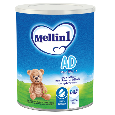 Barattolo da 400 grammi di Mellin AD, latte in polvere senza lattosio per neonati da 0 a 6 mesi.