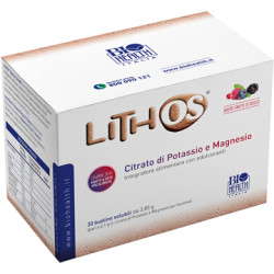 Confezione da 30 bustine di Lithos, integratore contro stanchezza e crampi muscolari.