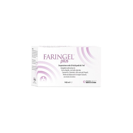Confezione da 20 stick di Faringel Plus integratore contro il reflusso gastroesofageo.