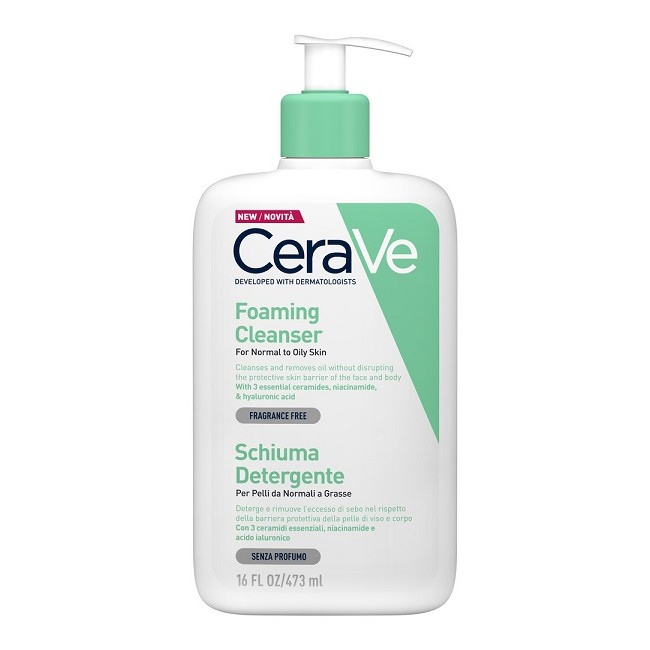 Flacone con dispenser di Cerave Schiuma Detergente Viso per pelle normale e grassa.