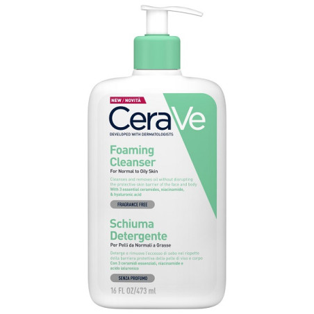 Flacone con dispenser di Cerave Schiuma Detergente Viso per pelle normale e grassa.